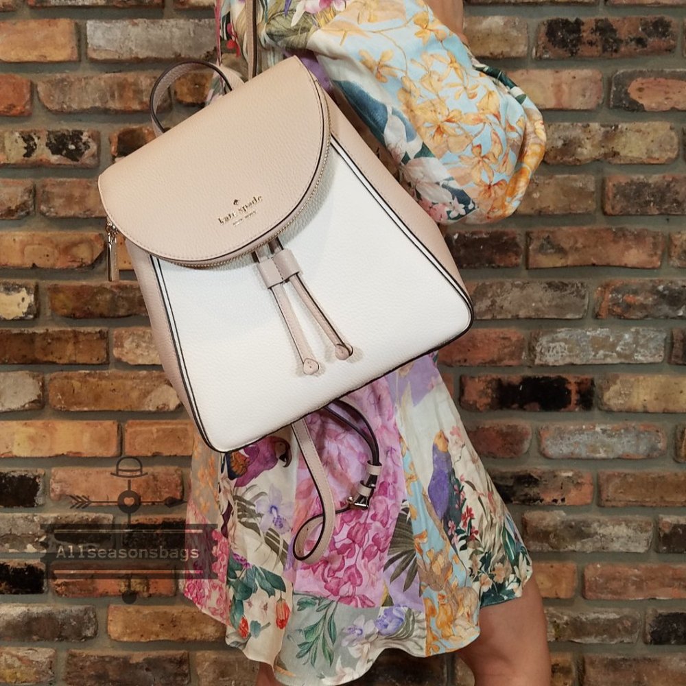 LEATHER Kate spade Medium Flap Backpack Leila Beige White